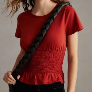 Anthropologie Maeve T-Shirt Red Smocked Short Sleeve Peplum Sz. L